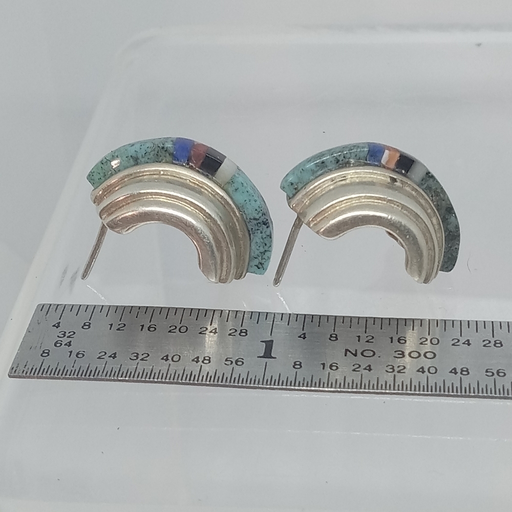 * vintage Navajo Chas Ray 1988 chunky 925 half hoop stone inlay earrings - Picture 2 of 6